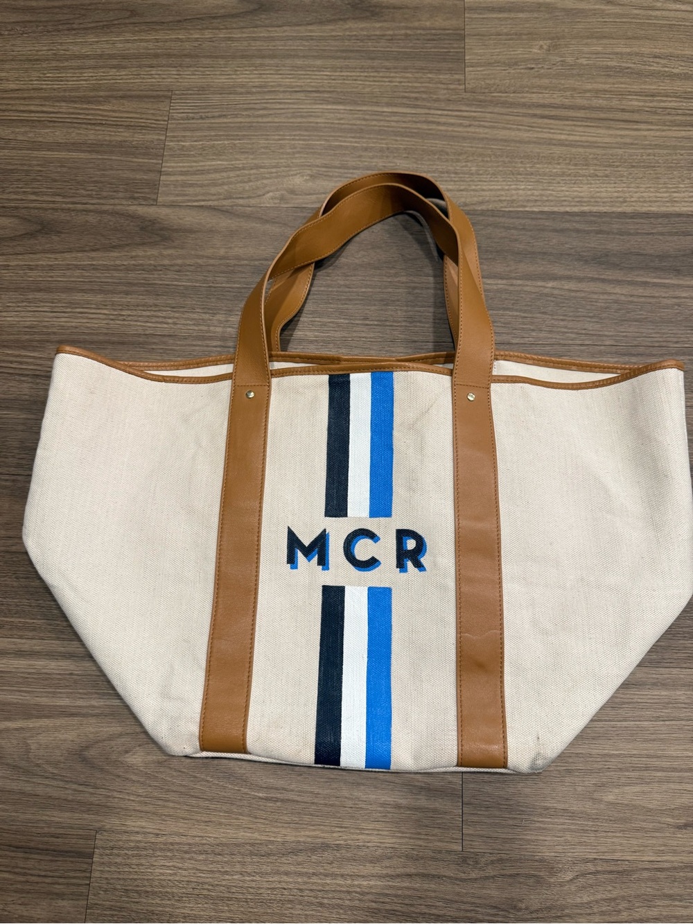 Canvas Tote with Brown Trim and Blue Stripe Accent
